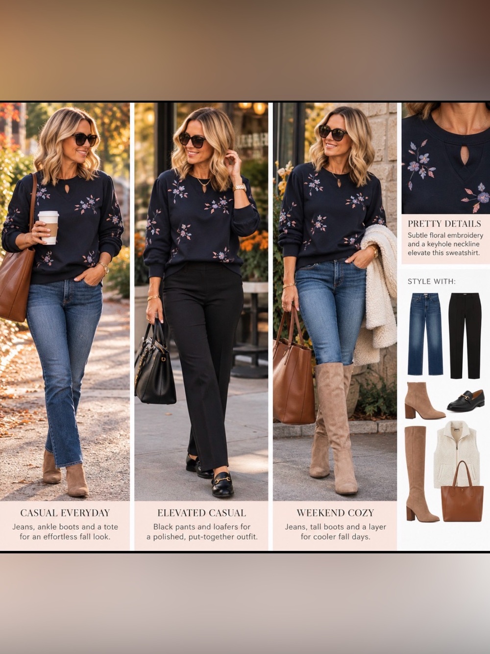 Wit & Wisdom Navy Sweatshirt with Pink & Lavender Floral Embroidery
